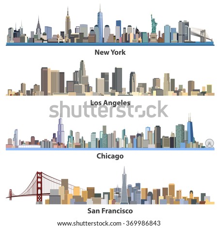 New York, Los Angeles, Chicago, San Francisco cities skylines. Collection of United States cityscapes vector illustrations