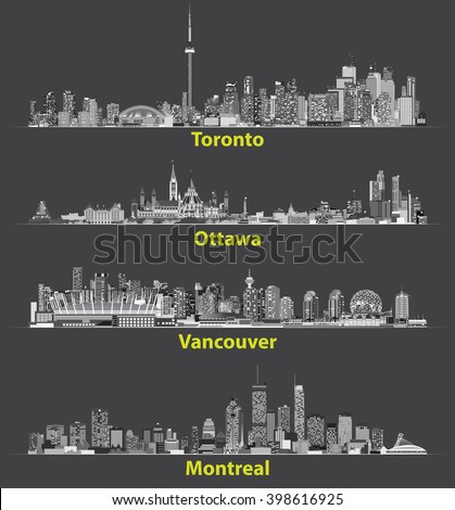 Toronto, Ottawa, Vancouver, Montreal cities skylines vector illustrations