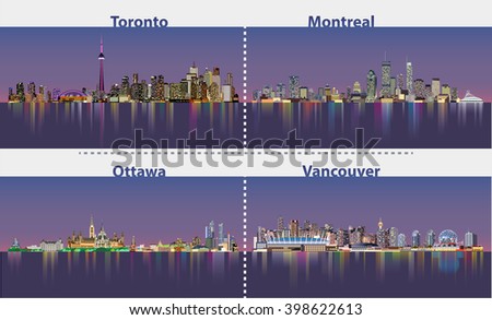 Canadian cities skylines at night vector set