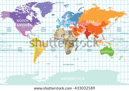 political map of the world with all continents separated by color, labeled countries and oceans, and with enumerated longitudes and latitudes on background