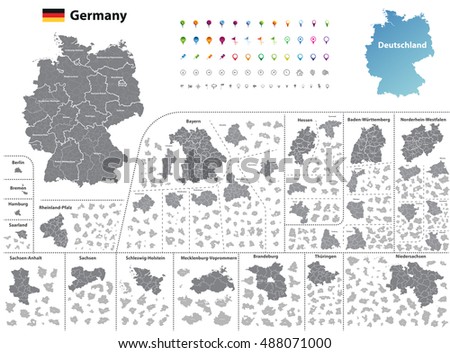 federal states of Germany map with administrative districts and subdivisions. All layers detachable and labeled