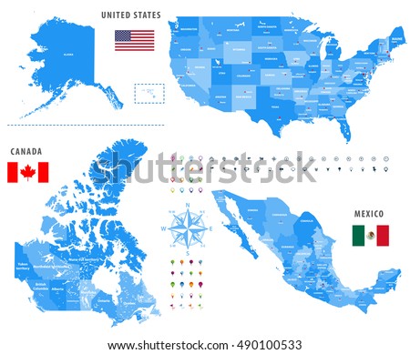maps of Canada, United States and Mexico with flags and location\navigation icons. All layers detachable and labeled. Vector