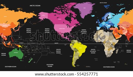 vector world political map colored by continents on black background and centered by America