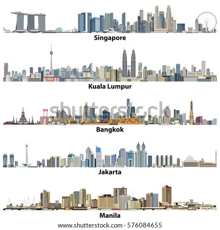 Singapore, Kuala Lumpur, Bangkok, Jakarta and Manila skylines vector illustrations