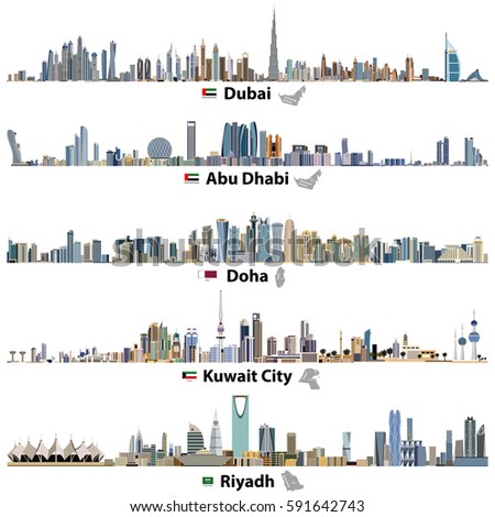 Dubai, Abu Dhabi, Doha, Riyadh and Kuwait city skylines vector illustrations. Flags and maps of United Arab Emirates, Qatar, Kuwait and Saudi Arabia