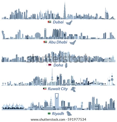 Dubai, Abu Dhabi, Doha, Riyadh and Kuwait city skylines in tints of blue color palette vector illustrations.