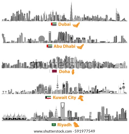 vector illustrations of Dubai, Abu Dhabi, Doha, Riyadh and Kuwait city skylines in black and white color palette with flags and maps of United Arab Emirates, Qatar, Kuwait and Saudi Arabia