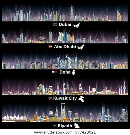 Dubai, Abu Dhabi, Doha, Riyadh and Kuwait city skylines at night vector illustrations