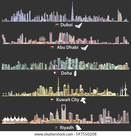 Dubai, Abu Dhabi, Doha, Riyadh and Kuwait city skylines at night in bright color palettes vector illustrations