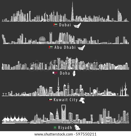 Dubai, Abu Dhabi, Doha, Riyadh and Kuwait city skylines at night in black and white color palette vector illustrations