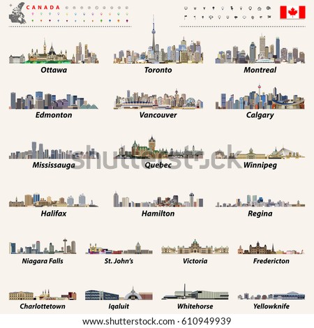 Canadian largest cities and all states capitals skylines. Vector set