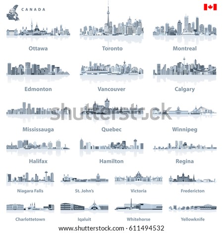 Canadian largest cities and all states capitals skylines in tints of blue color palette with water reflections; map and flag of Canada