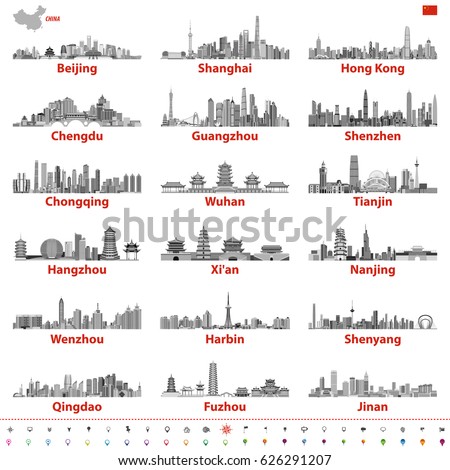 Chinese largest city skylines in black and white color palette vector illustration with map and flag of China; navigation, location and travel icons