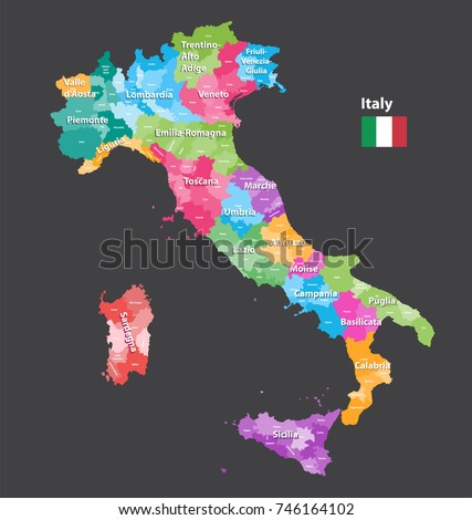 Italy provinces vector map colored by regions. All layers detachable and labeled