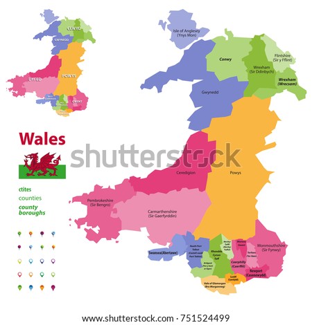 Preserved counties of Wales vector administrative map with districts(cities, counties and city boroughs). Welsh-language forms are given in parentheses, where they differ from the English ones