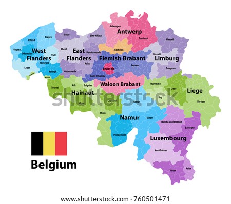 Belgium map showing  the provinces and administrative subdivisions (municipalities), colored by arrondissements. Flag of Belgium