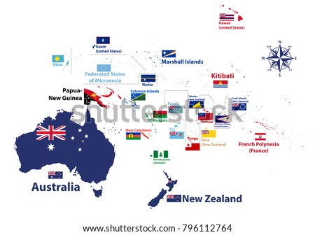Australia and Oceania region vector high detailed map with countries names and national flags