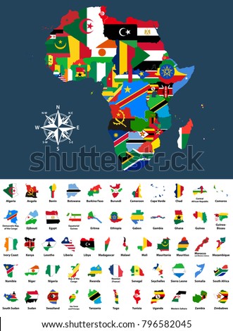 vector map of Africa mixed with countries flags. Collection of all African maps combined with flags isolated on white background