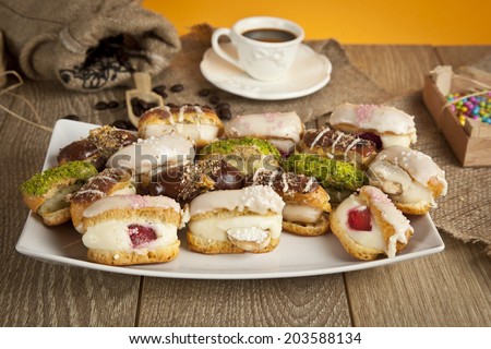 German Dessert Cream Cake with Turkish Coffee ( chocolate, pistachios, banana, strawberry, White chocolate cream )