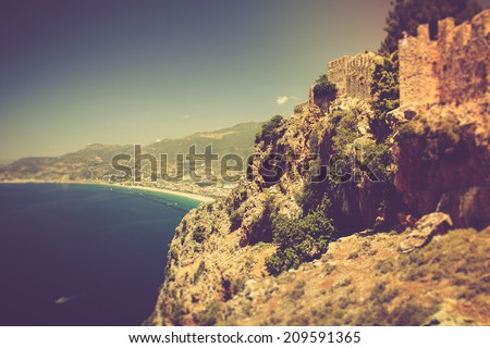 The old fortress and Mediterranean sea in Alanya, Turkey. Filtered image:cross processed vintage effect.