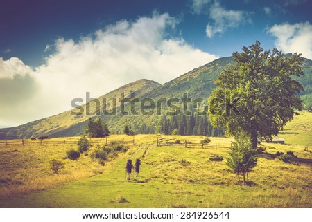 Beautiful summer mountain landscape. Tourists with backpacks climb to the top of the mountain.