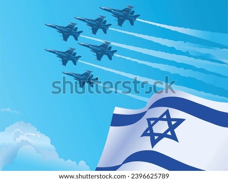 Israeli National waving flag and Military fighter jets flying in the blue sky

