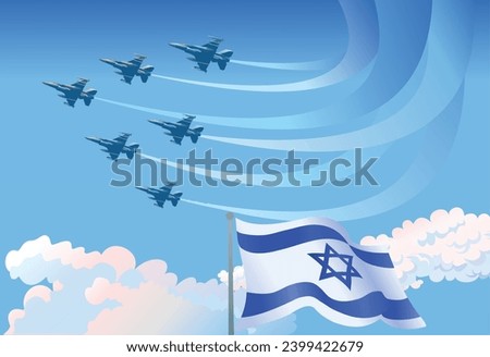 Israeli National waving flag and Military fighter jets flying in the blue sky