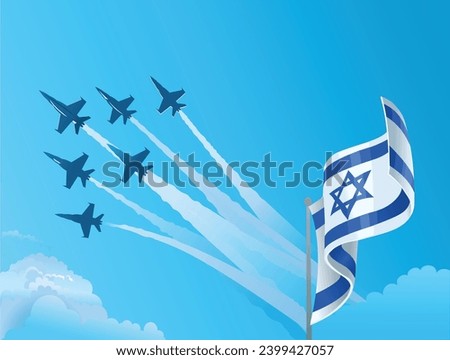 Israeli National waving flag and Military fighter jets flying in the blue sky
