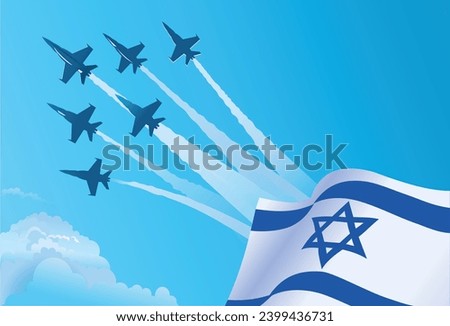Israeli National waving flag and Military fighter jets flying in the blue sky