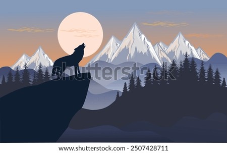 Mountain landscape and howling wolf