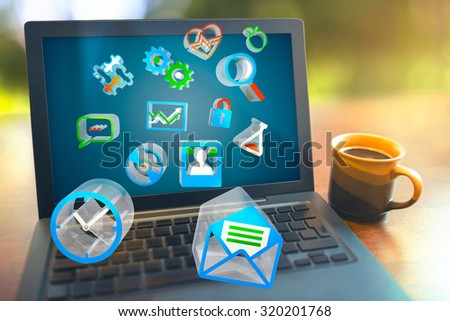Software programs coming from laptop flying icons programmer concept