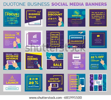 Duo-tone styled social media business banners and post templates. Outlined vector design, easy to edit.