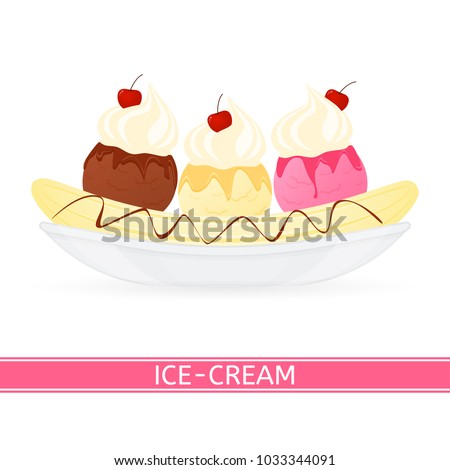 Vector illustration of banana split isolated on white background. Ice cream dessert with whipped cream, syrup and cherry.