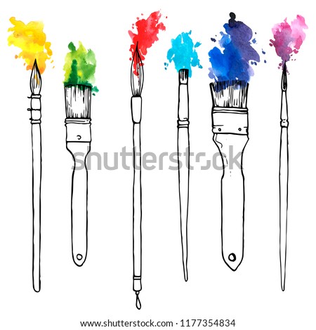 vector drawing paintbrushes with color paint, hand drawn illustration