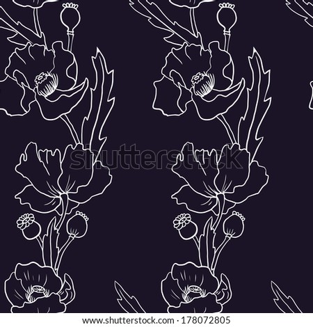 seamless vector pattern with linear drawing poppy flowers, hand drawn vector illustration