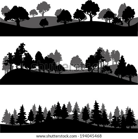 set of different silhouettes of landscape with trees, vector illustration