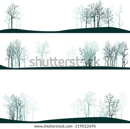 set of different landscapes with winter trees, hand drawn vector illustration