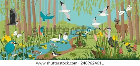 vector drawing landscape with summer river, forest with trees, wild animals and birds, insects and plants, wimmelbook, page of hidden picture book, natural background, hand drawn illustration