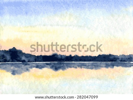 abstract vector watercolor landscape,lake in calm weather at sunset,  hand drawn vector illustration, watercolor background