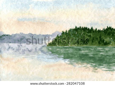 abstract vector watercolor landscape with lake and spruce forest, morning sky and reflected in water,  hand drawn vector illustration, watercolor background