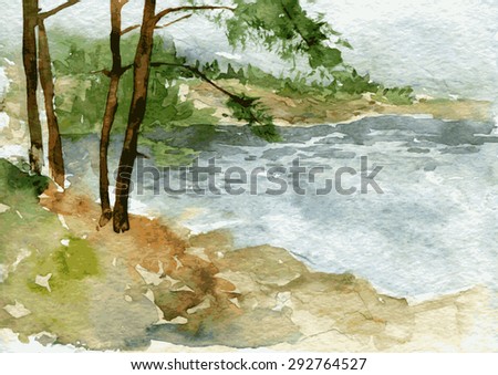 abstract vector watercolor landscape with lake shore and pine trunks at gloomy cloudy day, hand drawn vector illustration, watercolor background