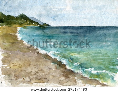 watercolor drawing sea with waves on a stone beach with green hills in the distance, hand drawn illustration
