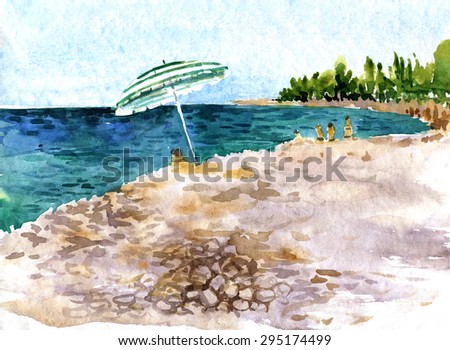 stony beach with people and parasol drawing by watercolor,hand drawn vector illustration