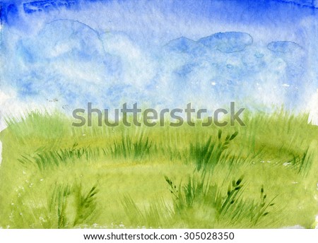 meadow grass and blue sky with clouds, abstract watercolor landscape