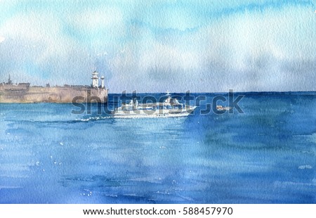 watercolor sea with ship ant lighthouse at cape, hand drawn landscape