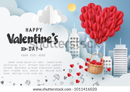 Paper art of group of red balloons combine to heart shape with doodles love icon and copy space, origami and happy valentine's day concept, vector art and illustration.