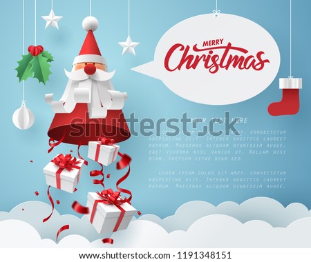 Paper art of Gift box dropping from Santa Claus, merry Christmas and happy new year celebration concept, vector art and illustration.