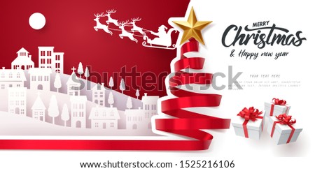 Red ribbon roll to made Christmas tree form with paper art of Santa Claus and Merry Christmas and happy new year calligraphy, vector art and illustration.