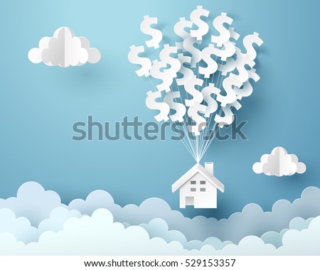 Paper house hanging with dollar sign balloon, business and asset management concept and paper art idea, vector art and illustration.