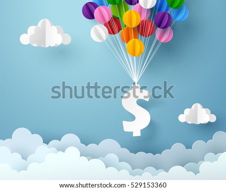 Dollar sign hanging with colorful balloon, business and finance concept and paper art idea, vector art and illustration.